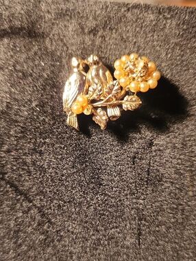 Vintage - Gold Tone Bird and Pearl Flower Brooch - Women Jewelry